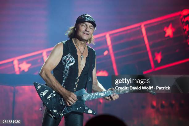 Matthias Jabs from Scorpions performs at AccorHotels Arena on June 26, 2018 in Paris, France.
