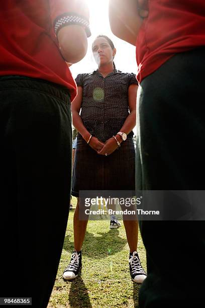 Former athlete Cathy Freeman meets with young offenders during a visit to the Juniperina Juvenile Justice Centre on April 15, 2010 in Sydney,...