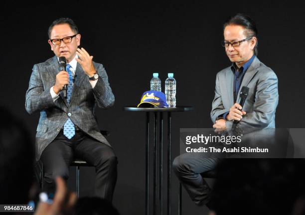 Toyota Motor Co President Akio Toyoda and Vice President Shigeki Tomoyama attend an unveiling press conference of the new Crown and Carolla Sports on...
