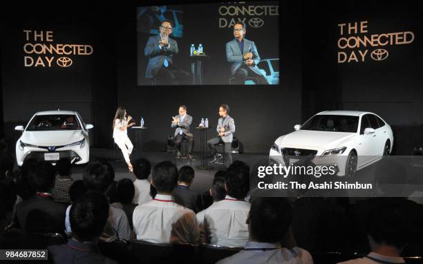 Toyota Motor Co President Akio Toyoda and Vice President Shigeki Tomoyama attend an unveiling press conference of the new Crown and Carolla Sports on...