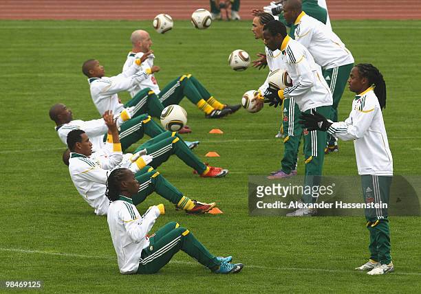 Players of the South African national football team pictured during a training session of the South African national football team on April 15, 2010...