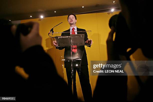 New British Liberal Democrat Party leader Nick Clegg makes his acceptance speech at the St Martins Hotel, in central London, 18 December 2007....