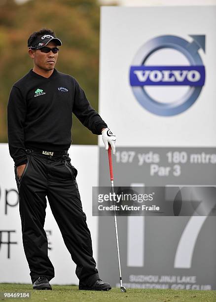Thongchai Jaidee of Thailand waits to tee off on the 17th hole during the Round One of the Volvo China Open on April 15, 2010 in Suzhou, China.