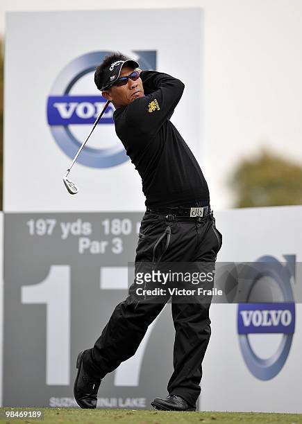 Thongchai Jaidee of Thailand tees off on the 17th hole during the Round One of the Volvo China Open on April 15, 2010 in Suzhou, China.