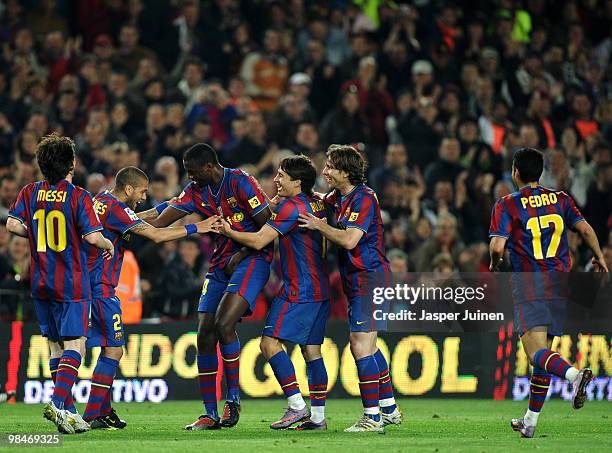 Seydou Keita of FC Barcelona celebrates scoring his sides third goal with his teammates Daniel Alves , Lionel Messi , Bojan Krkic and Maxwell and...