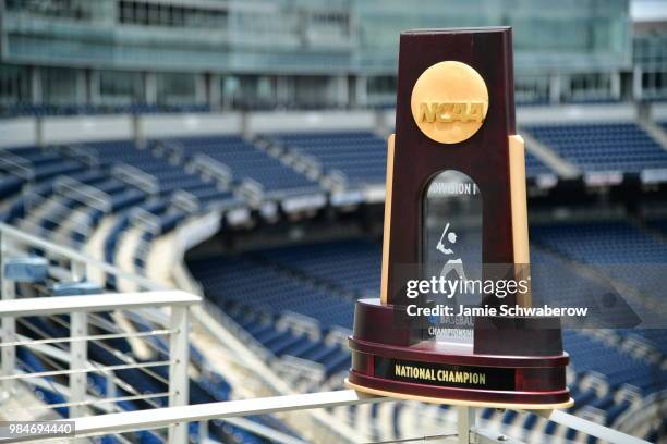 The NCAA Photos via Getty Images Division 1 baseball championship trophy is on display during the Division I Men's Baseball Championship held at TD...