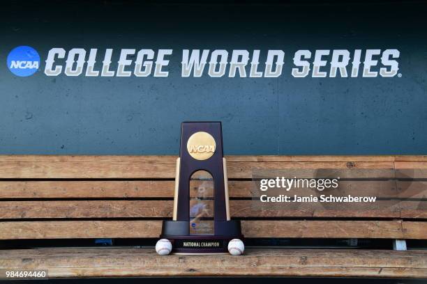 The NCAA Photos via Getty Images Division 1 baseball championship trophy is on display during the Division I Men's Baseball Championship held at TD...