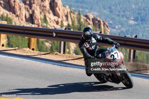 Electric Motorcycle Division driver Robert Barber on his 2018 Buckeye Current RW-3x during the 2018 Pikes Peak International Hill Climb on June 24 in...