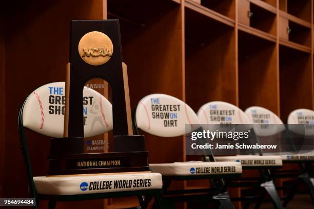 The NCAA Photos via Getty Images Division 1 baseball championship trophy is on display during the Division I Men's Baseball Championship held at TD...