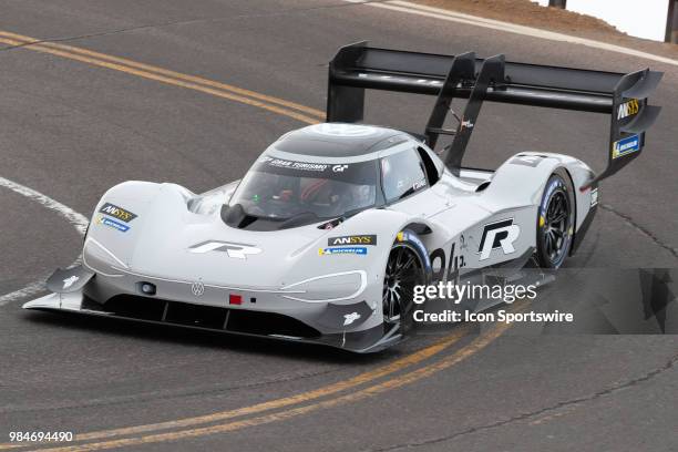 Unlimited Division Driver Romain Dumas in his 2018 Volkswagen I.D. R Pikes Peak sets a new course of 7:57.148 during the 2018 Pikes Peak...