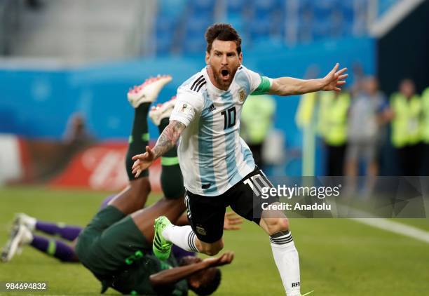 Lionel Messi of Argentina celebrates after scoring a goal during the 2018 FIFA World Cup Russia Group D match between Nigeria and Argentina at the...