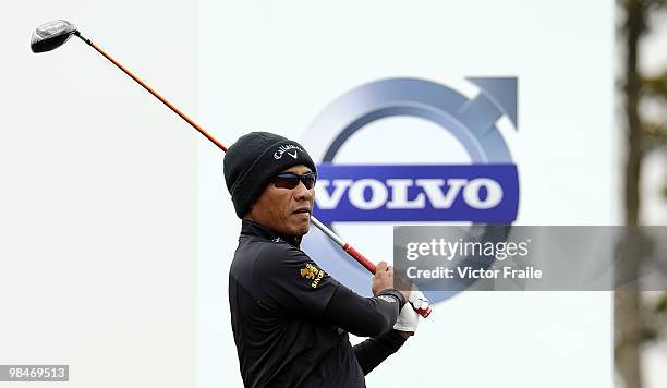 Thongchai Jaidee of Thailand tees off on the 2nd hole during the Round One of the Volvo China Open on April 15, 2010 in Suzhou, China.