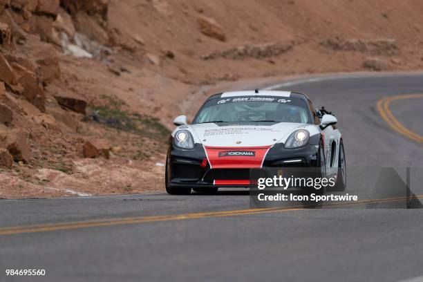 Porsche Cayman GT4 Division driver CJ Wilson in his 2016 Porsche Cayman GT4 Clubsport during the 2018 Pikes Peak International Hill Climb on June 24...