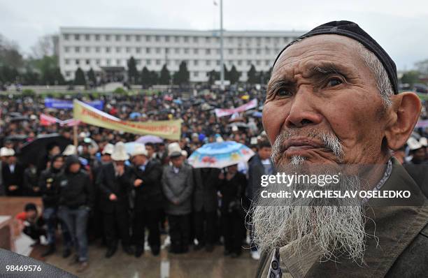 Kyrgyz opposition members attend a rally in Osh, some 700 kms from Bishkek, on April 15, 2010. Automatic gunfire rang out in this southern Kyrgyzstan...