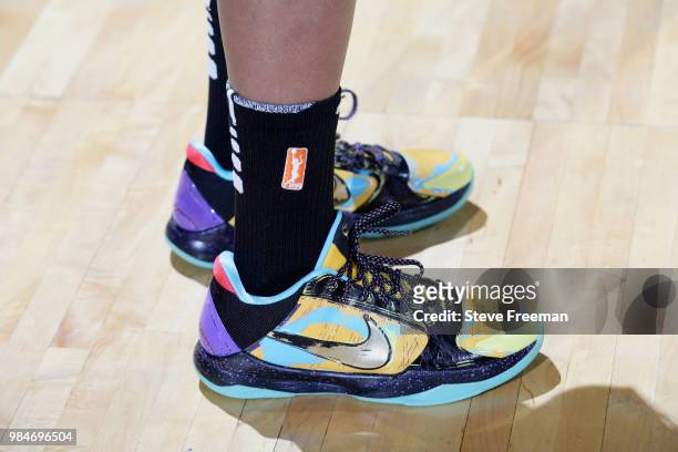 Sneakers of Epiphanny Prince of the New York Liberty before the game against the Phoenix Mercury on June 26, 2018 at Westchester County Center in...