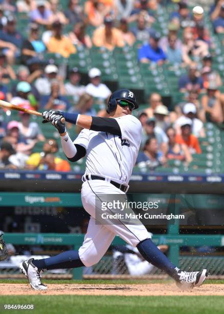 Victor Martinez of the Detroit Tigers bats during the game against the Minnesota Twins at Comerica Park on June 14, 2018 in Detroit, Michigan. The...