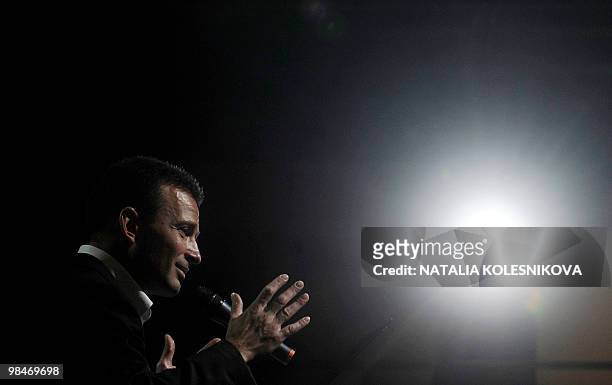Vasily Yakemenko, founder of pro-Kremlin youth group Nashi delivers a speech during their fifth congress in Moscow on April 15, 2010. AFP PHOTO /...
