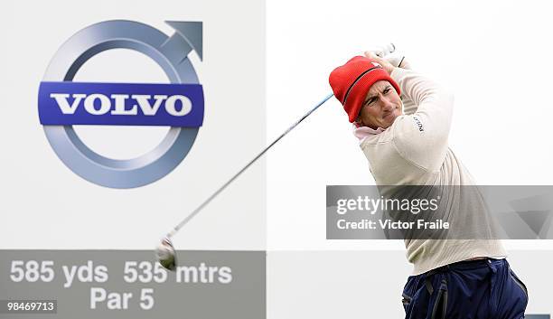 Gonzalo Fernandez-Castano of Spain tee off on the 9th hole during the Round One of the Volvo China Open on April 15, 2010 in Suzhou, China.