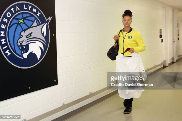 Forward Alysha Clark of the Seattle Storm arrives before the game against the the Minnesota Lynx on June 26, 2018 at Target Center in Minneapolis,...