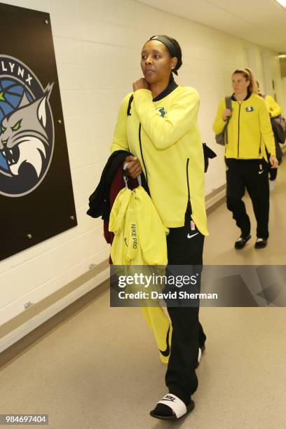 Guard Noelle Quinn of the Seattle Storm arrives before the game against the Minnesota Lynx on June 26, 2018 at Target Center in Minneapolis,...