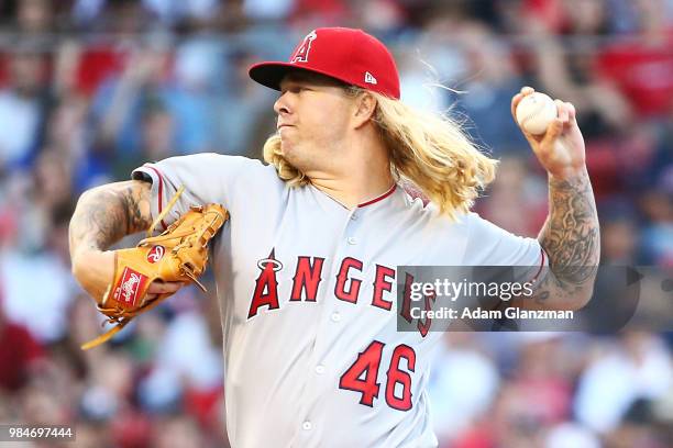 John Lamb of the Los Angeles Angels pitches in the second inning of a game against the Boston Red Sox at Fenway Park on June 26, 2018 in Boston,...