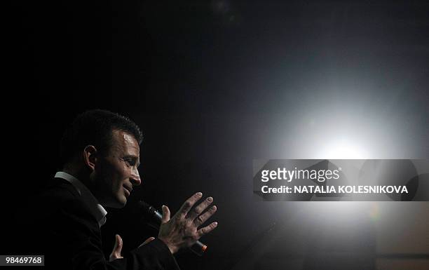 Vasily Yakemenko, founder of pro-Kremlin youth group Nashi delivers a speech during their fifth congress in Moscow on April 15, 2010. AFP PHOTO /...