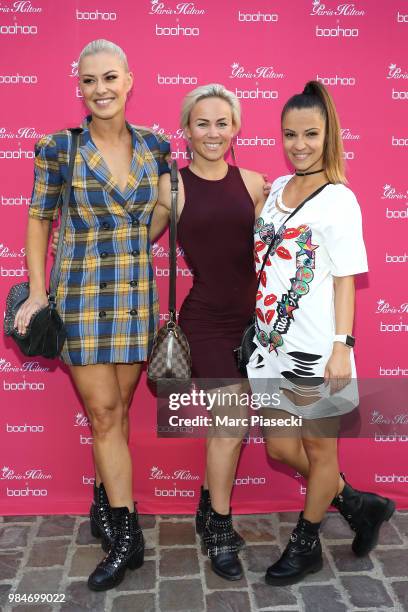 Katrina Patchett, Emmanuelle Berne and Denitsa Ikonomova attend Paris Hilton x Boohoo Party at Hotel Le Marois on June 26, 2018 in Paris, France.