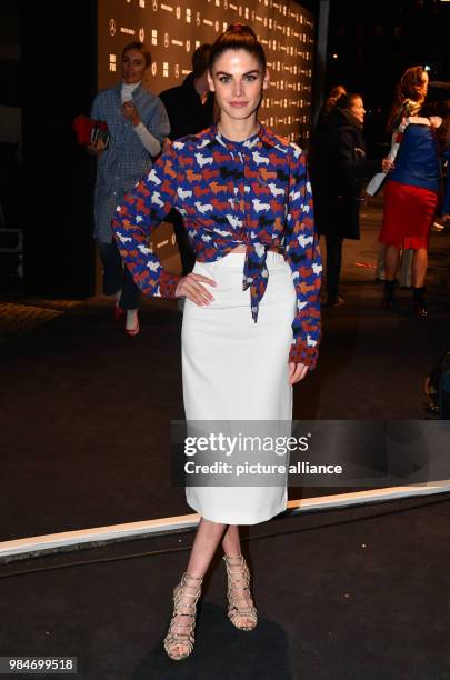 Lisa Marie Schiffner from Austria arrives for the Riani fashion show during the Mercedes Benz Fashion Week at the ewerk in Berlin, Germany, 16...