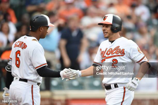 Danny Valencia of the Baltimore Orioles celebrates a solo home run in the second inning with Jonathan Schoop during a baseball game against the...