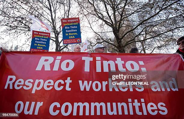 Protestors demonstrate outside the QE2 centre in central London, as Anglo-Australian mining company Rio Tinto holds it's annual general meeting on...