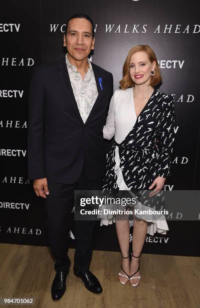 Michael Greyeyes and Jessica Chastain attend The "Woman Walks Ahead" New York Screening at the Whitby Hotel on June 26, 2018 in New York City.
