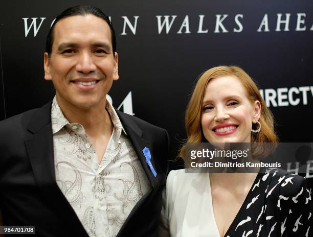 Michael Greyeyes and Jessica Chastain attend The "Woman Walks Ahead" New York Screening at the Whitby Hotel on June 26, 2018 in New York City.