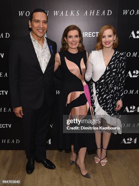 Michael Greyeyes director Susanna White and Jessica Chastain attend The "Woman Walks Ahead" New York Screening at the Whitby Hotel on June 26, 2018...