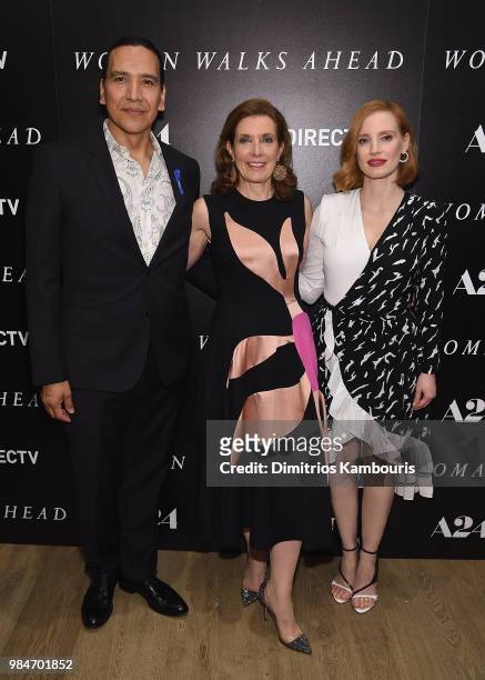 Michael Greyeyes director Susanna White and Jessica Chastain attend The "Woman Walks Ahead" New York Screening at the Whitby Hotel on June 26, 2018...