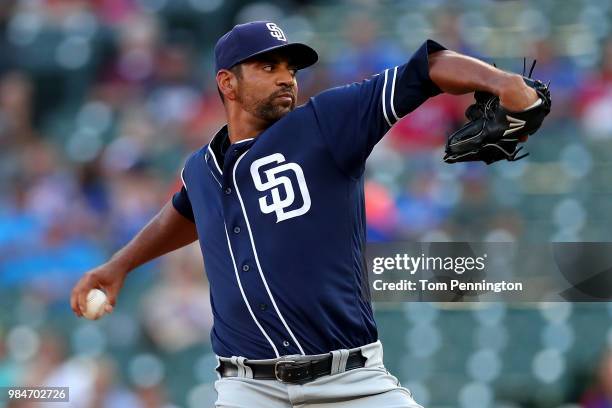 Tyson Ross of the San Diego Padres pitches against the Texas Rangers in the bottom of the first inning at Globe Life Park in Arlington on June 26,...