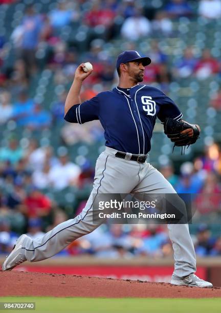 Tyson Ross of the San Diego Padres pitches against the Texas Rangers in the bottom of the first inning at Globe Life Park in Arlington on June 26,...