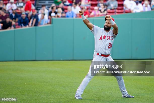 Chris Young of the Los Angeles Angels of Anaheim reacts before a game against the Boston Red Sox on June 26, 2018 at Fenway Park in Boston,...