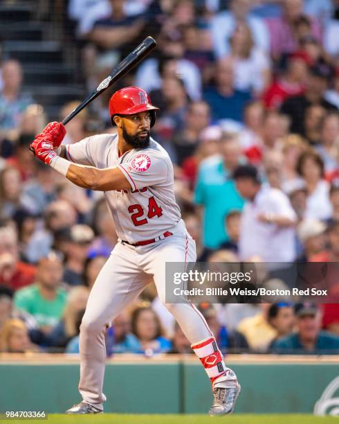 Chris Young of the Los Angeles Angels of Anaheim bats during the third inning of a game against the Boston Red Sox on June 26, 2018 at Fenway Park in...
