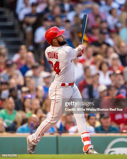 Chris Young of the Los Angeles Angels of Anaheim hits a solo home run during the third inning of a game against the Boston Red Sox on June 26, 2018...