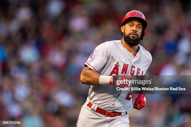 Chris Young of the Los Angeles Angels of Anaheim rounds the bases after hitting a solo home run during the third inning of a game against the Boston...