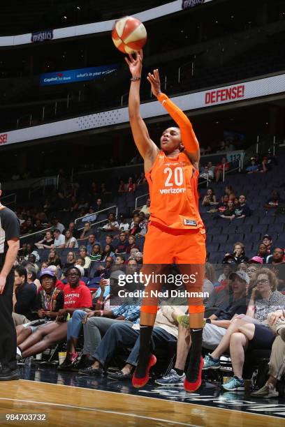 Alex Bentley of the Connecticut Sun shoots the ball against the Washington Mystics on June 26, 2018 at Capital One Arena in Washington, DC. NOTE TO...