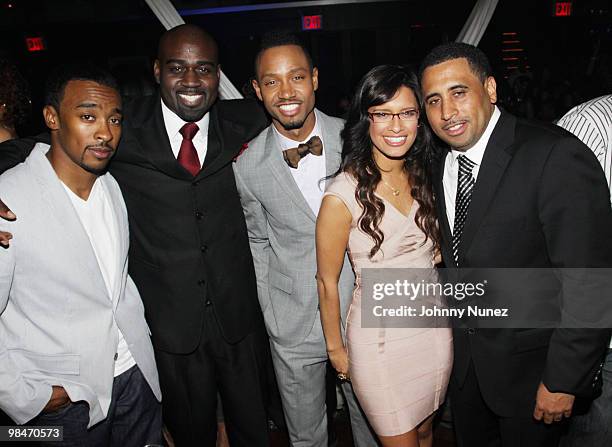 Fred J, Tali Gore, Terrence J, Rocsi and Nick Storm attend Nick Storm & Terrence J's Clash Of The Titans Birthday Bash at Amnesia NYC on April 14,...