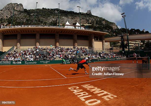General view of Albert Montanes of Spain playing a forehand in his match against Marin Cilic of Croatia on Court Des Princes during day four of the...