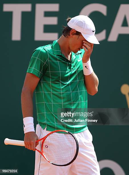 Frustrated Tomas Berdych of Czech Republic looks frustrated in his match against Fernando Verdasco of Spain during day four of the ATP Masters Series...