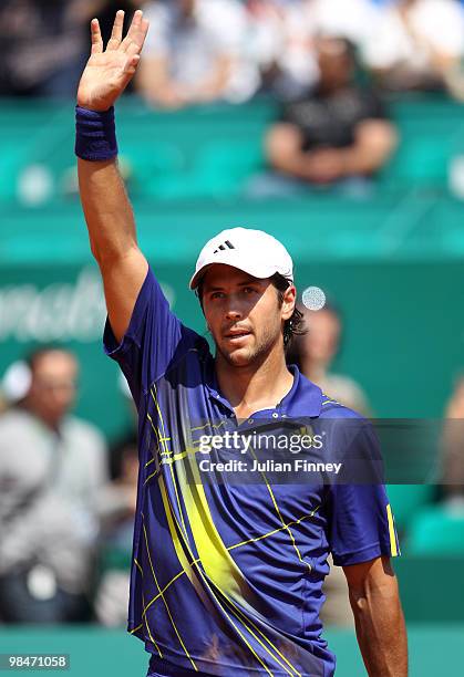 Fernando Verdasco of Spain celebrates defeating Tomas Berdych of Czech Republic during day four of the ATP Masters Series at the Monte Carlo Country...