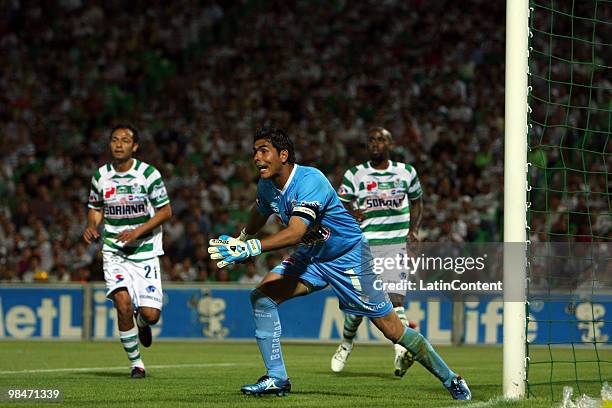 Santos player Oswaldo Sanchez reacts during their match againts Monterrey as part of the 2010 Bicentenary Tournament in the Mexican Football League...