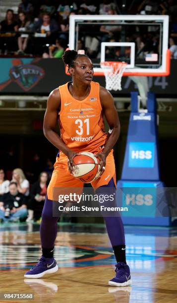 Sancho Lyttle of the Phoenix Mercury handles the ball against the New York Liberty on June 26, 2018 at Westchester County Center in White Plains, New...