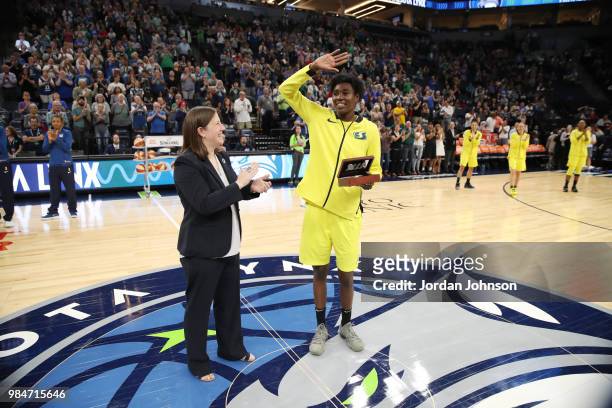 Natasha Howard of the Seattle Storm received her Championship ring from the Minnesota Lynx prior to the game on June 26, 2018 at Target Center in...