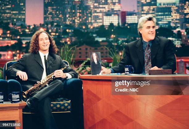 Episode 1632 -- Pictured: Musical guest Kenny G during an interview with host Jay Leno on June 23, 1999 --