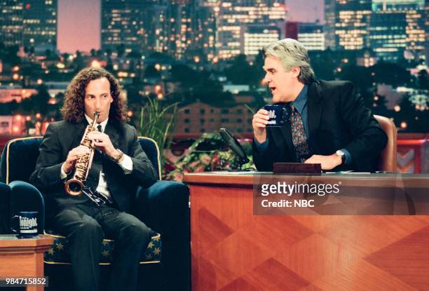 Episode 1632 -- Pictured: Musical guest Kenny G during an interview with host Jay Leno on June 23, 1999 --
